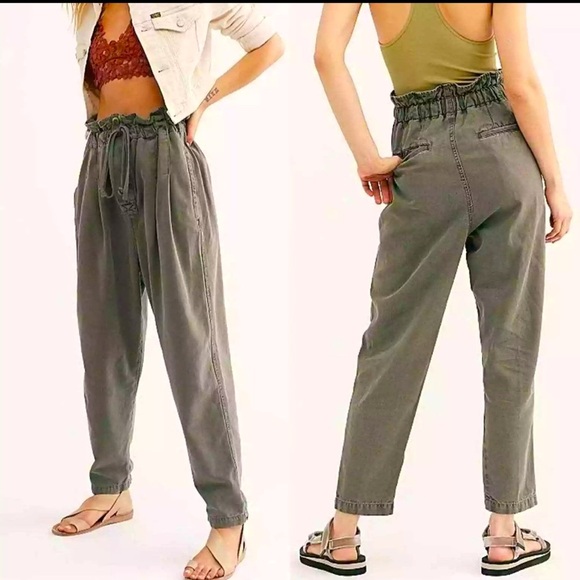 Free People Margate Pleated Trouser Paperbag Tie Waist Pants Size M Olive Green - Picture 1 of 10